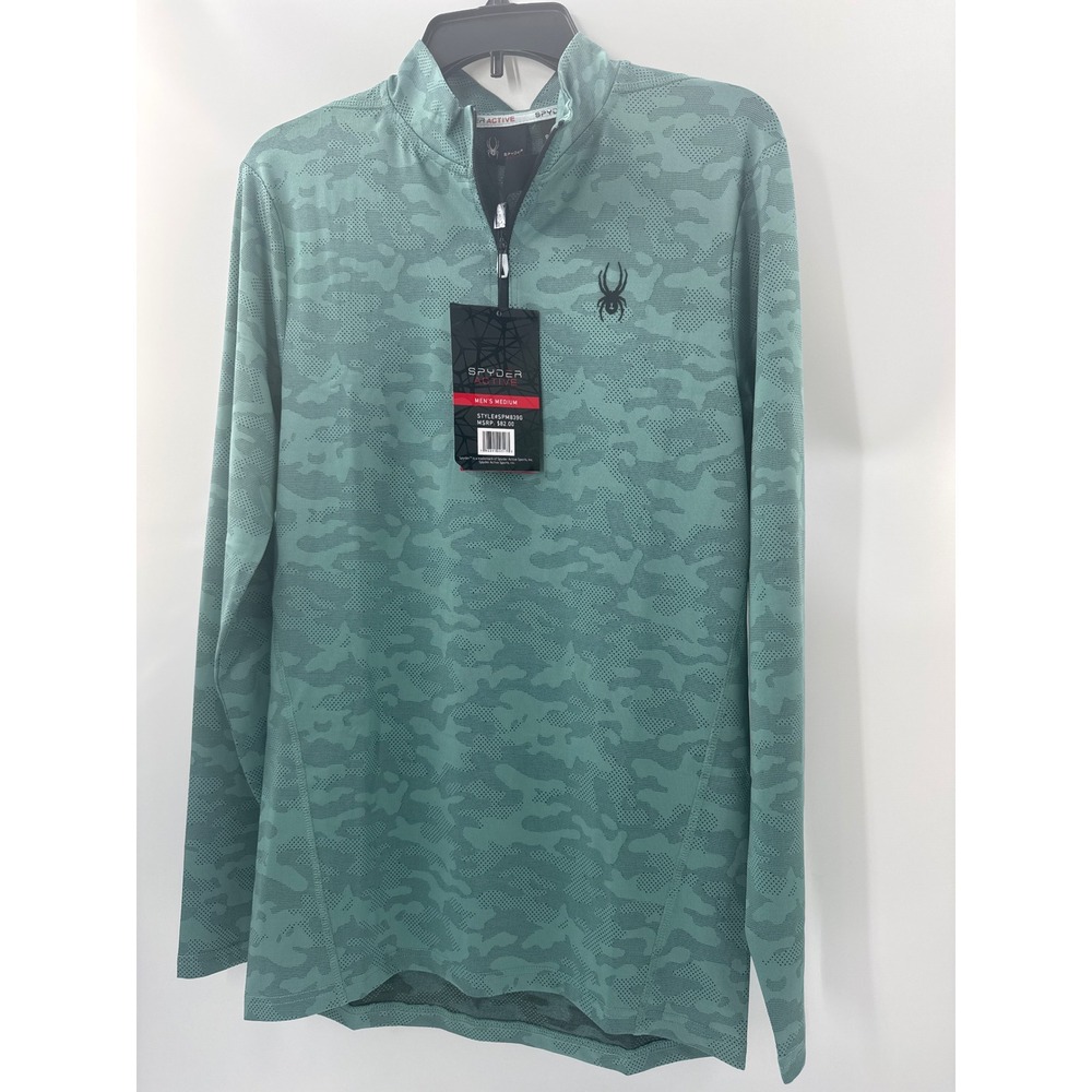 Spyder Active Mens Medium Green Camo Quarter Zip Pullover SPM839 Quick Dry NWT